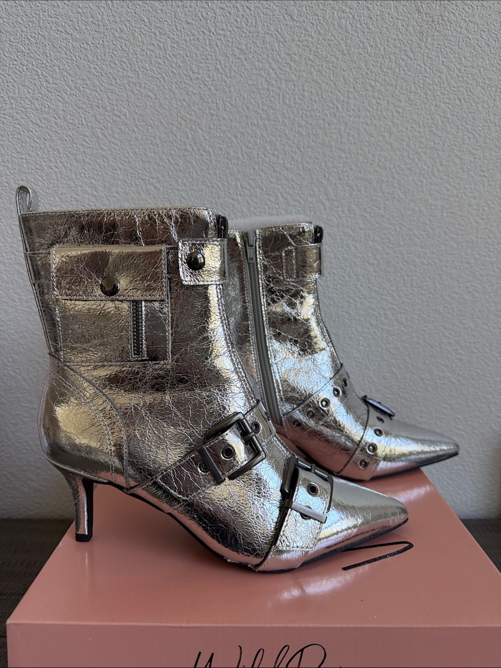 Wild Pair Moonbeam Buckle Booties, Created For Macy's In Silver Crinkle NIB